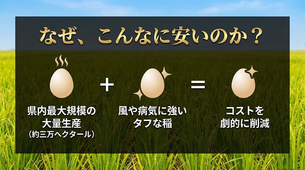 約3万ヘクタールという県内最大規模の大量生産と、風や病気に強いタフな稲であることで、コストを劇的に削減している理由を図解
