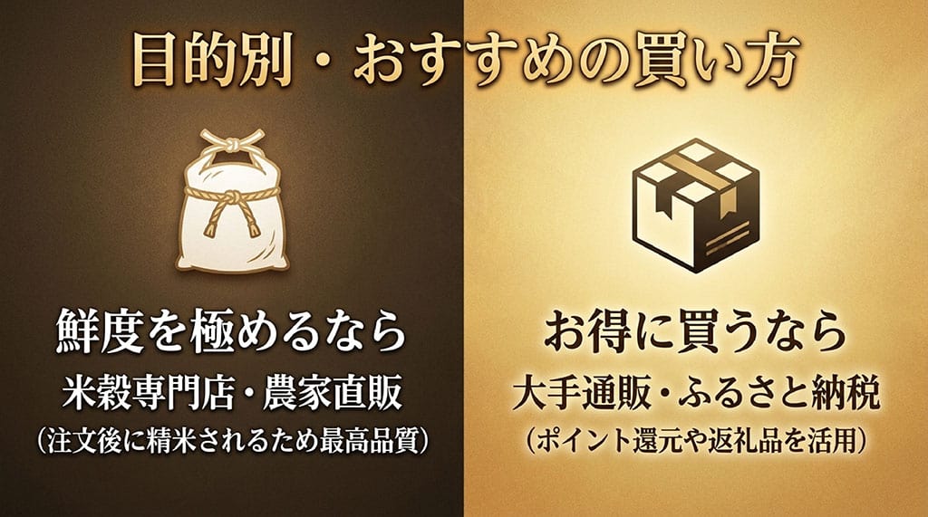 鮮度を極めるなら専門店や農家直販、お得に買うなら大手通販やふるさと納税など、目的別のおすすめの買い方を紹介したスライド