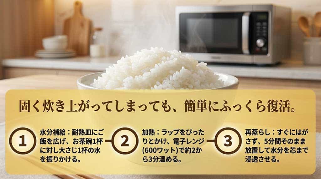 電子レンジと水を使ったリカバリー術。水分補給、加熱、5分間の再蒸らしの手順を説明