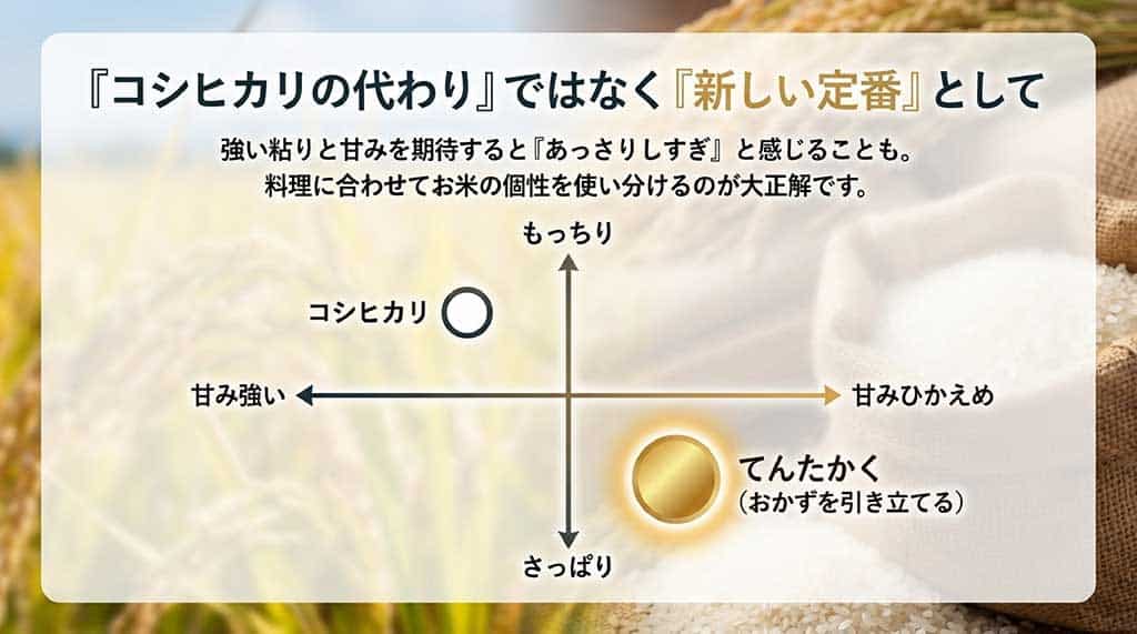 「コシヒカリの代わり」ではなく「新しい定番」としての使い分けを提案するスライド。もっちりして甘みが強いコシヒカリに対し、てんたかくはさっぱりして甘みひかえめでおかずを引き立てる、というキャラクターの違いが図解