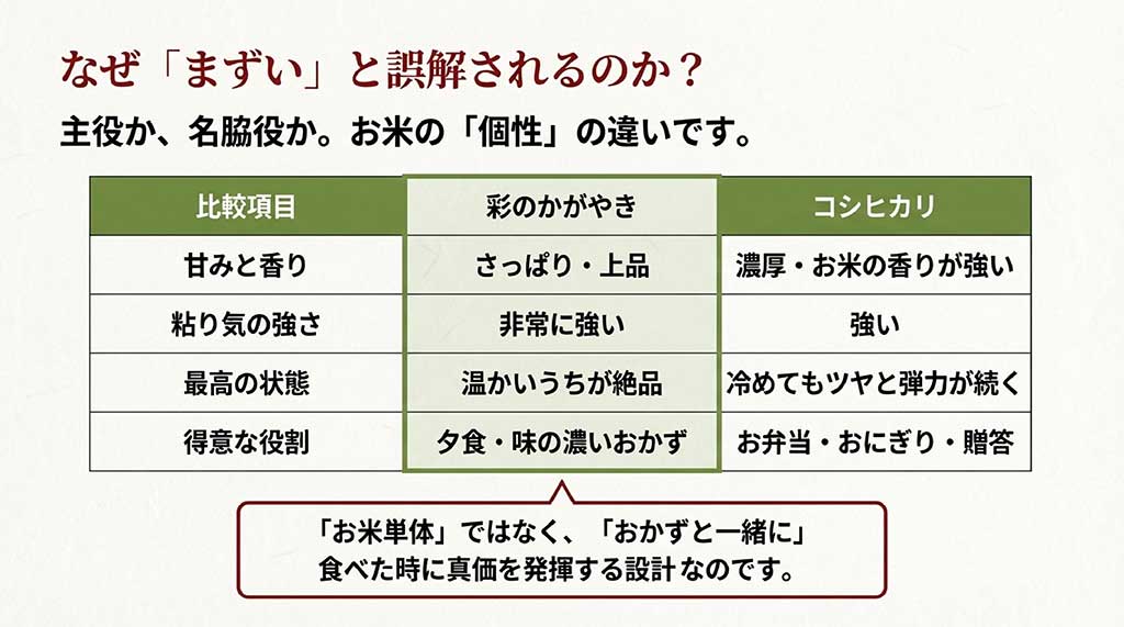 彩のかがやきとコシヒカリの甘み、粘り、適した用途の違いをまとめた比較表