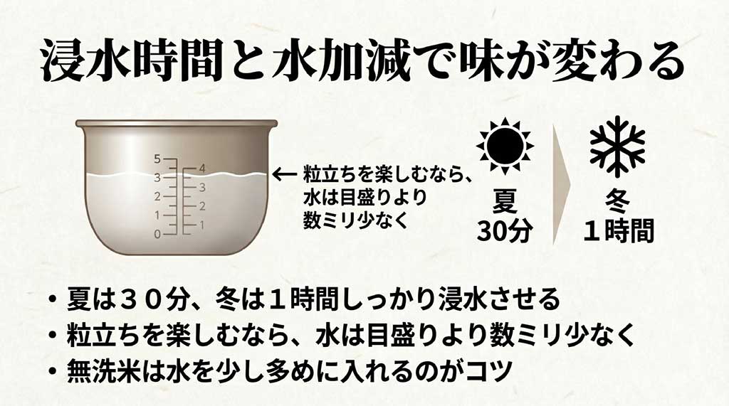 炊飯器の目盛りと夏冬の浸水時間、無洗米の水加減のコツ