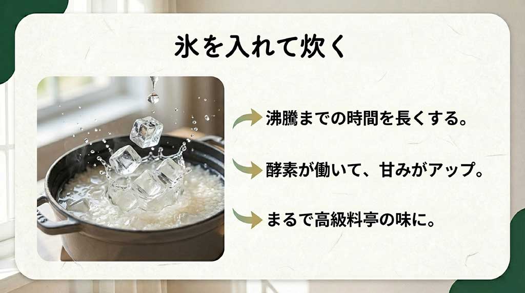 炊飯器に氷を入れて炊く裏技の紹介。沸騰までの時間を長くすることで酵素を活性化させ、高級料亭のような甘みを引き出すコツ