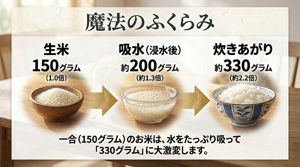 生米150グラム（1.0倍）から、浸水後で約200グラム（約1.3倍）、炊き上がりで約330グラム（約2.2倍）に変化するプロセスを示したスライド