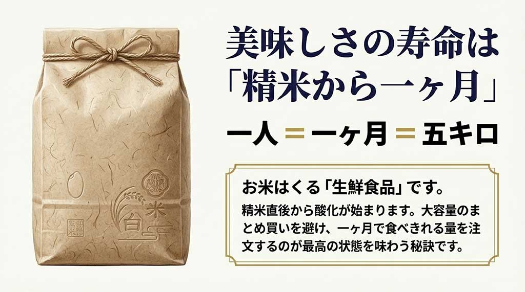 お米の美味しさの寿命は精米から一ヶ月であること、一人あたり一ヶ月5kgが消費目安であることを示す図解
