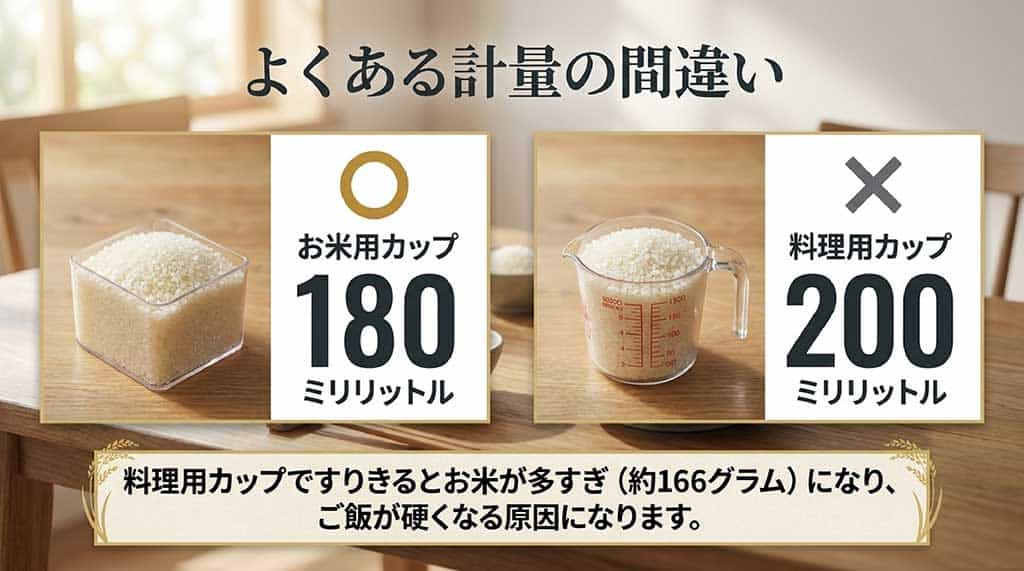 料理用カップ（200ミリリットル）とお米用カップ（180ミリリットル）の違いを解説し、料理用カップですりきるとお米が多すぎになりご飯が硬くなる原因になることを示すスライド