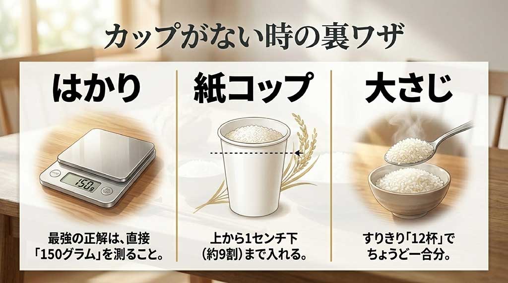 計量カップがない時のはかり（150g直読み）、紙コップ（上から1センチ下まで）、大さじ（すりきり12杯）の裏ワザを解説するスライド