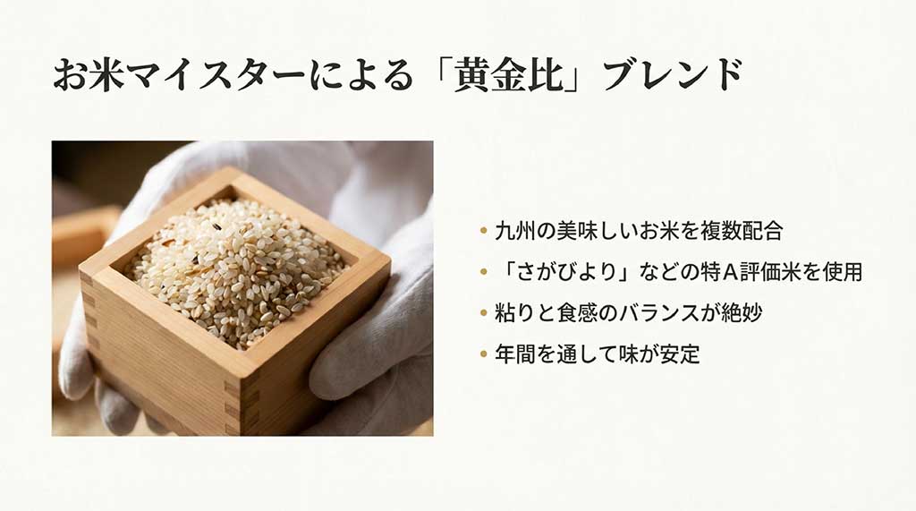 升に入ったお米の画像と、九州産「さがびより」など特A米を使用したブレンド技術の紹介スライド