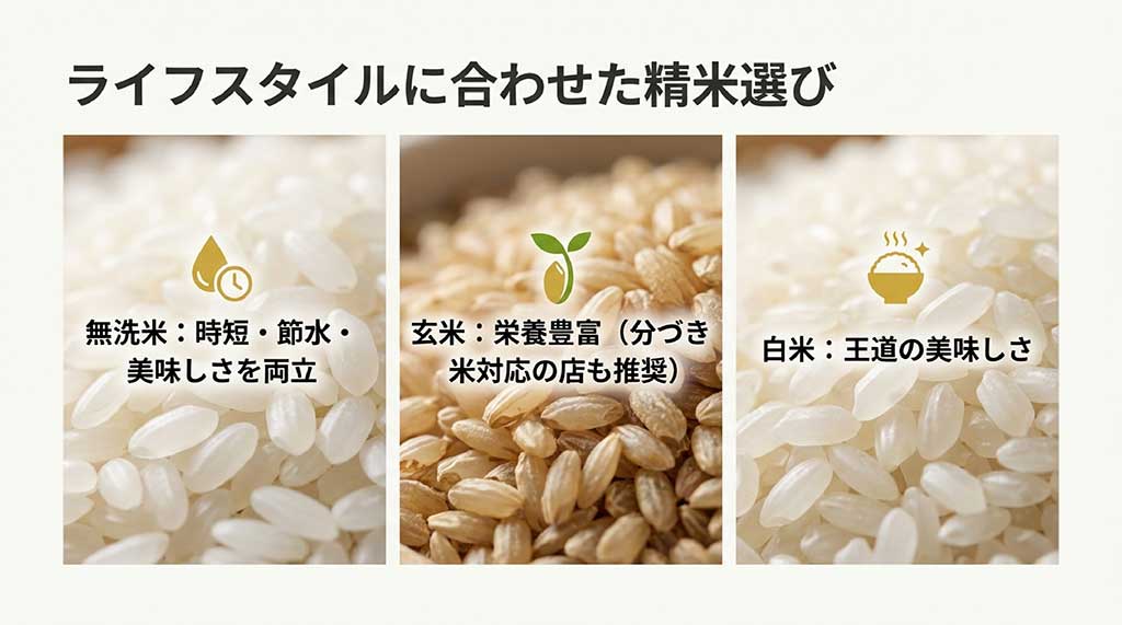 時短・節水の「無洗米」、王道の美味しさの「白米」、栄養豊富な「玄米(分づき米)」のそれぞれのメリット比較