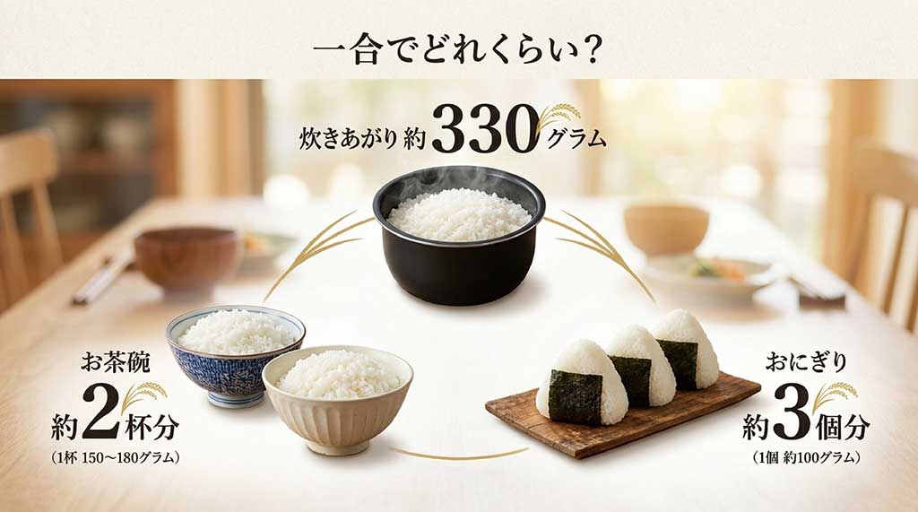 炊き上がり約330グラムの一合分のお米が、お茶碗約2杯分（1杯150〜180g）、またはおにぎり約3個分（1個約100g）に相当することを示すスライド