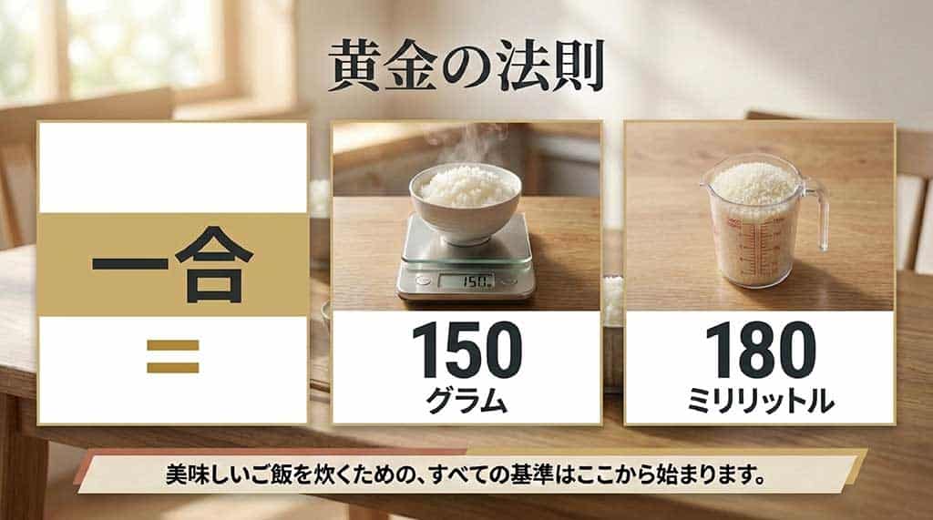 お米一合の黄金の法則として、重さは150グラム、体積は180ミリリットルが基準であることを示すスライド