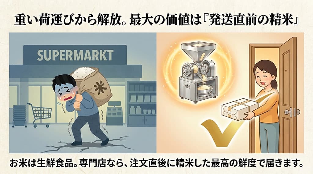 重い荷運びから解放され、専門店なら注文直後に精米した最高の鮮度で届く生鮮食品であると説明するスライド