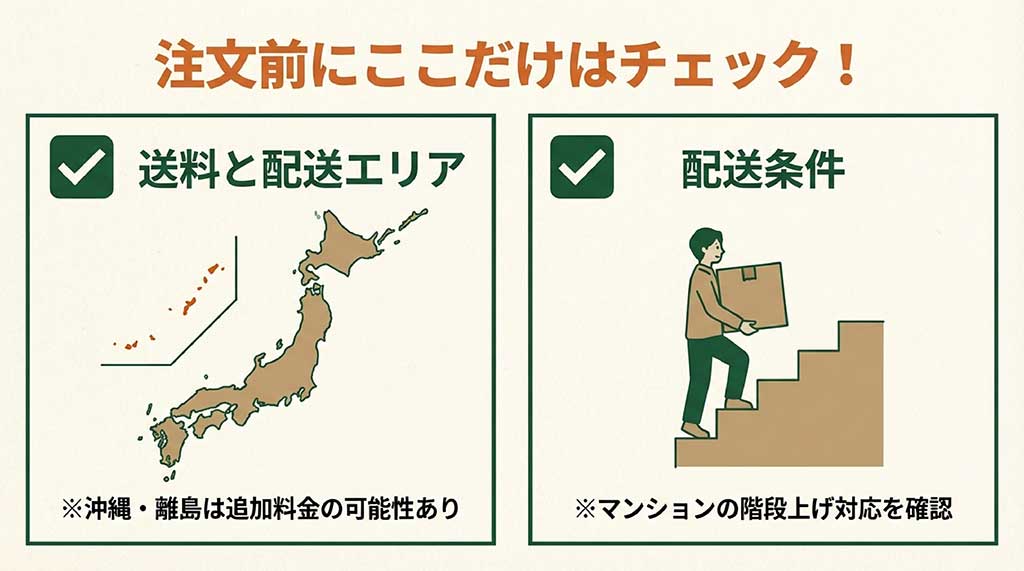 お米の通販注文前のチェックポイント。送料、配送エリア（沖縄・離島）、マンションの階段上げ対応の確認