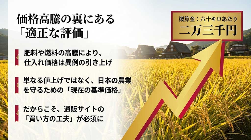 肥料や燃料高騰による概算金の引き上げ（60kgあたり23,000円）と日本の農業を守る基準価格の解説