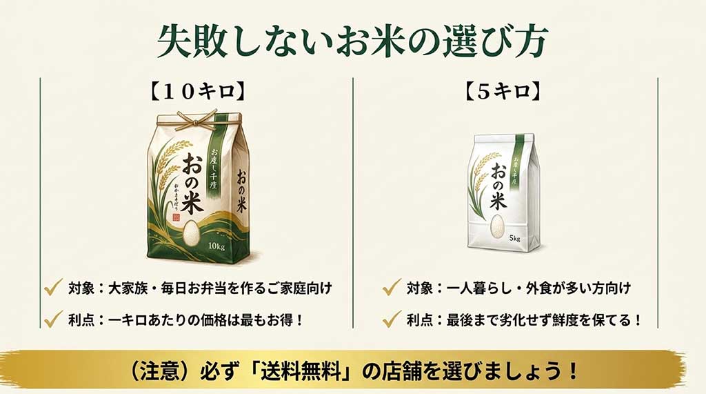 大家族向けの10kgと一人暮らし向けの5kgの利点比較、および送料無料店舗を選ぶ注意点