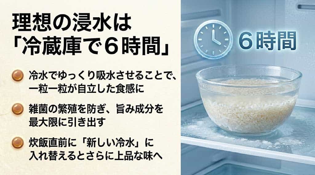冷蔵庫で6時間ゆっくり吸水させることで、一粒一粒が自立した食感と旨みを引き出す理想の浸水方法