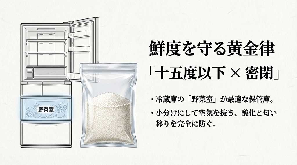 15度以下の野菜室で、小分けにして空気を抜き密閉保存することで酸化や匂い移りを防ぐ黄金律を解説するスライド