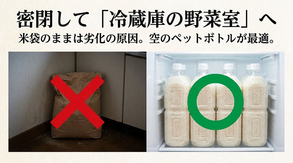 お米は密閉して冷蔵庫の野菜室へ。 米袋のままは劣化の原因になるため、空のペットボトルが最適。