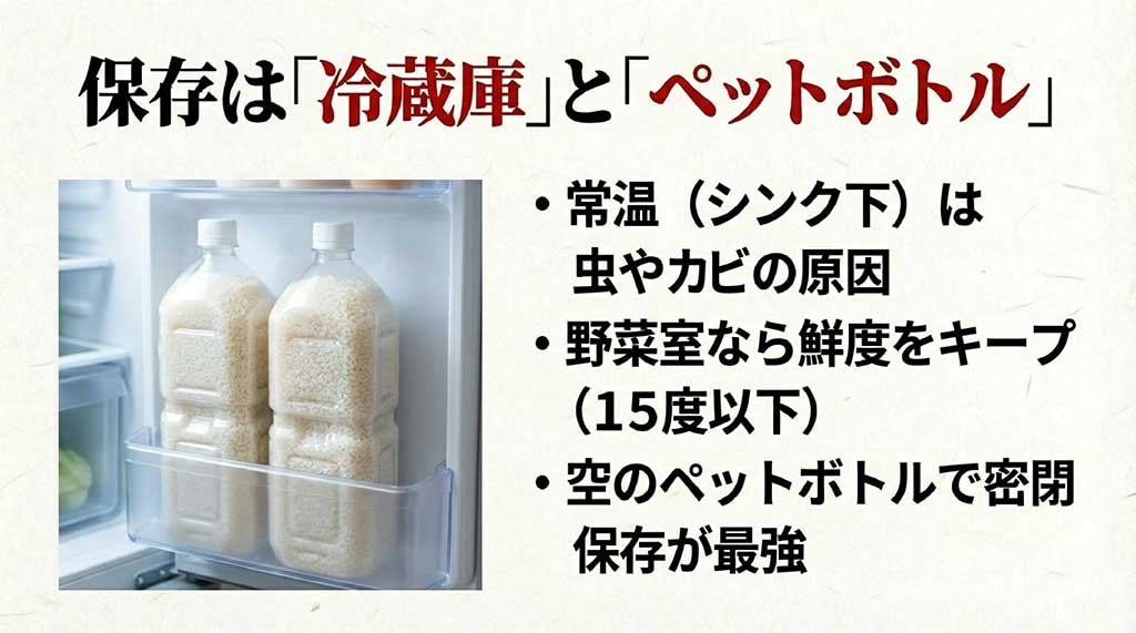 冷蔵庫の野菜室で15度以下を保ち、空のペットボトルで密閉保存することで鮮度をキープし虫を防ぐ方法の解説画像