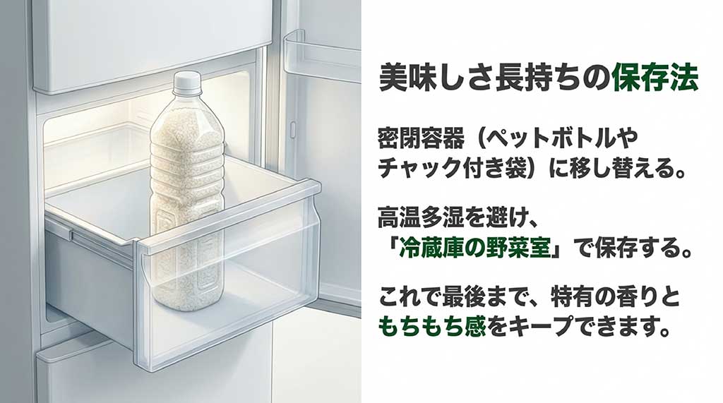ペットボトル等の密閉容器に入れ、冷蔵庫の野菜室で保存する様子を描いたイラスト