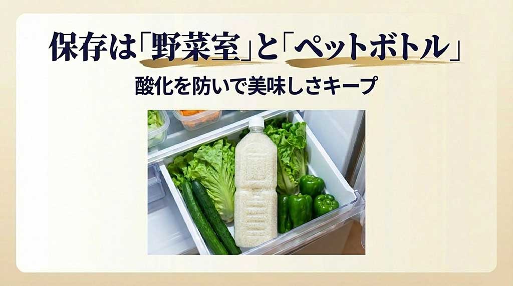 冷蔵庫の野菜室にペットボトルに入れたお米を保存している写真。酸化を防いで美味しさをキープする方法の紹介