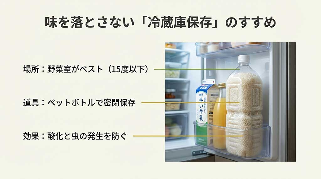 15度以下の野菜室で、ペットボトルを使って密閉保存することで酸化と虫の発生を防ぐ方法の解説