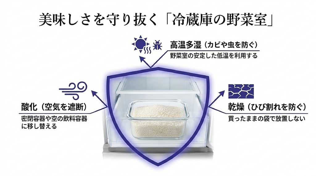 酸化や乾燥を防ぐため、冷蔵庫の野菜室で密閉容器に入れて保存する重要性をまとめた図