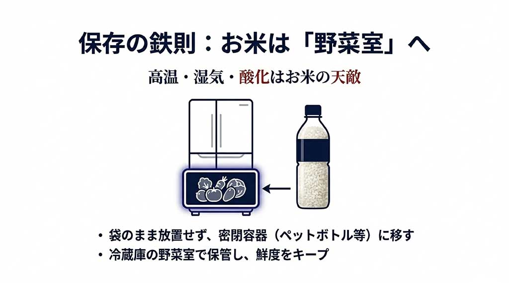 お米を冷蔵庫の野菜室でペットボトルなどの密閉容器に入れて保存する方法の図解