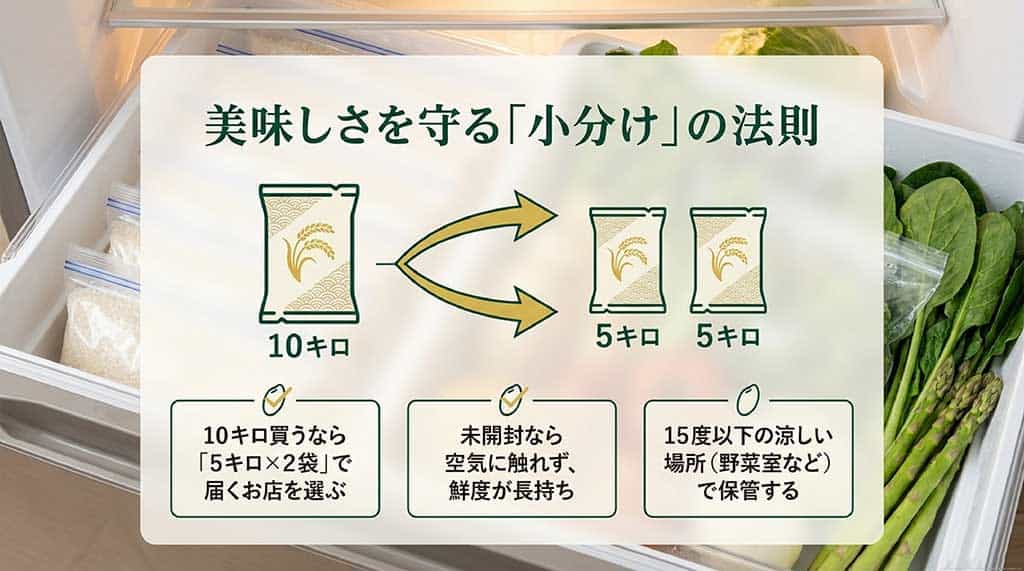 10kgを5kg×2袋で届けてくれるお店を選ぶメリットと、15度以下の冷所保存の推奨