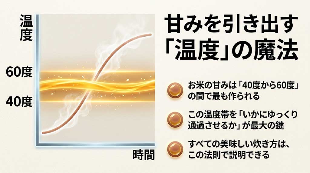 お米の甘みが最も作られる40度から60度の温度帯をゆっくり通過させる科学的メカニズムの図解