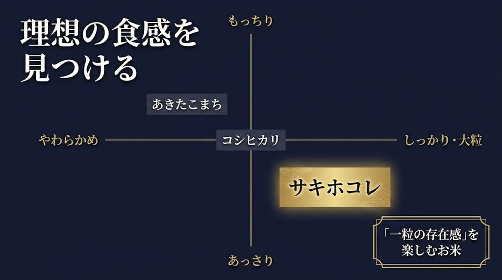 あきたこまち(もっちり)、コシヒカリ、サキホコレ(あっさり・しっかり大粒)の食感の違いを4象限で表した比較図スライド。