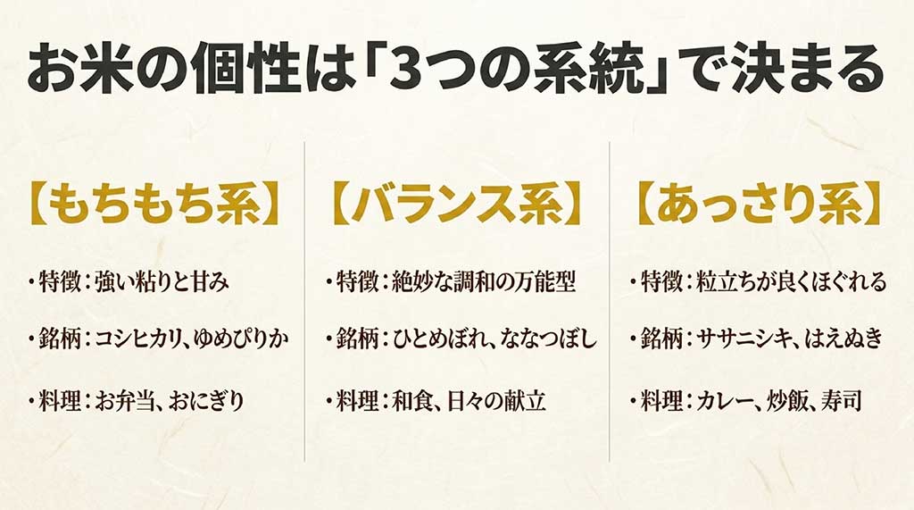 お米の個性を「バランス系」「もちもち系」「あっさり系」の3つの系統に分類し、それぞれの特徴（粘り・甘み・粒立ち）と代表銘柄（コシヒカリ、ひとめぼれ、ササニシキ等）、おすすめの料理（お弁当、和食、カレー等）をまとめたスライド