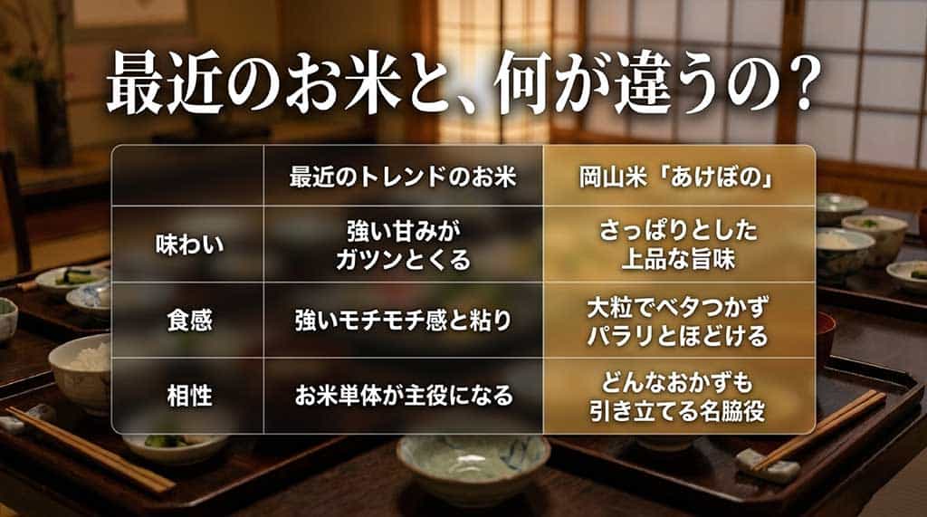 最近のトレンド米（強い甘み・強いモチモチ感・お米単体が主役）と、岡山米あけぼの（さっぱりした上品な旨味・大粒でパラリとほどける・おかずを引き立てる名脇役）の味わい・食感・相性を比較した表。