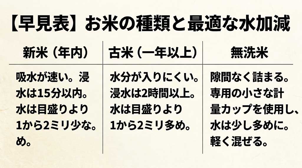 新米、古米、無洗米それぞれの特徴に合わせた吸水時間と水加減の微調整ガイド表