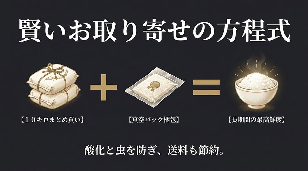 10kgのまとめ買いと真空パック梱包を組み合わせることで、送料を節約しつつ酸化や虫を防いで長期保存できることを示す方程式の図解