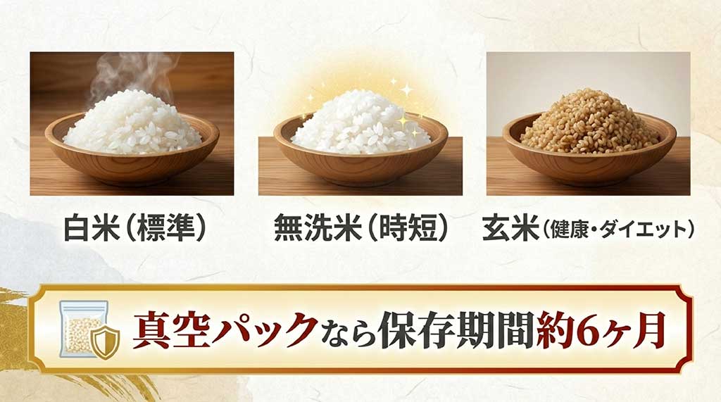 白米、無洗米、玄米のラインナップ紹介と、真空パックなら約6ヶ月の長期保存が可能であることを示すスライド