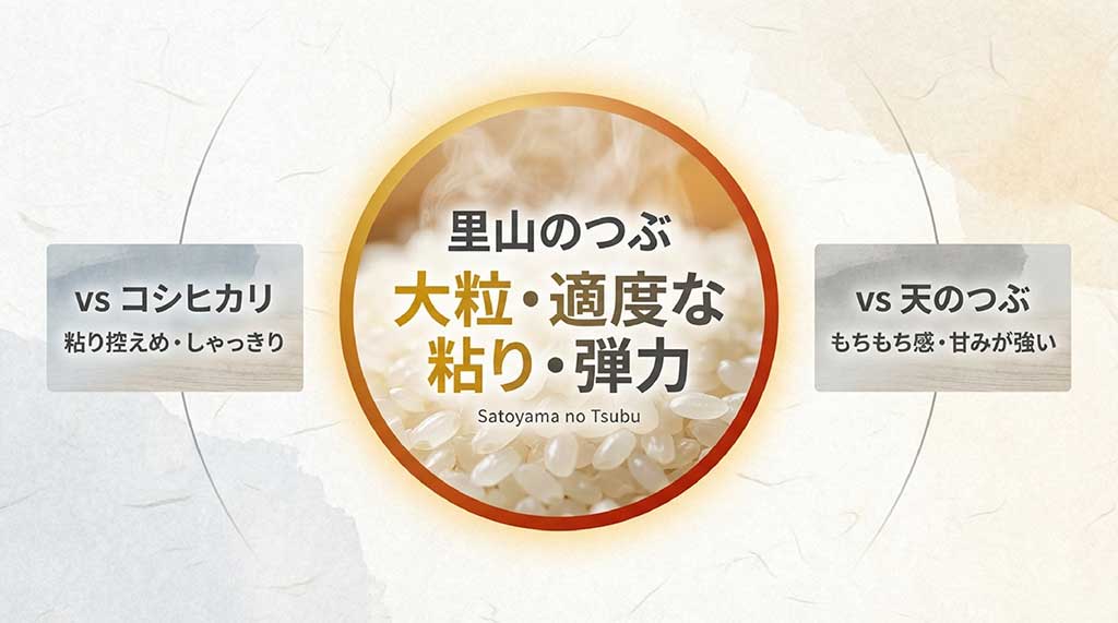 里山のつぶ、コシヒカリ、天のつぶの3品種を、粘り、弾力、甘み、粒の大きさで比較した分布図スライド