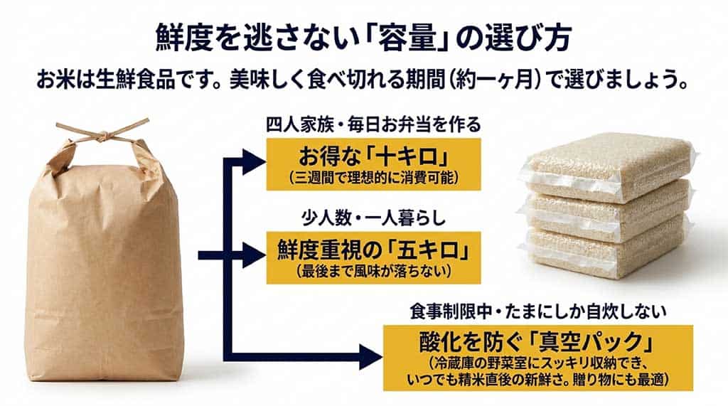 家族構成や消費ペースに合わせて、4人家族ならお得な10kg（3週間で消費）、少人数なら鮮度重視の5kg、自炊が少ないなら酸化を防ぐ真空パックを選ぶことを推奨するスライド