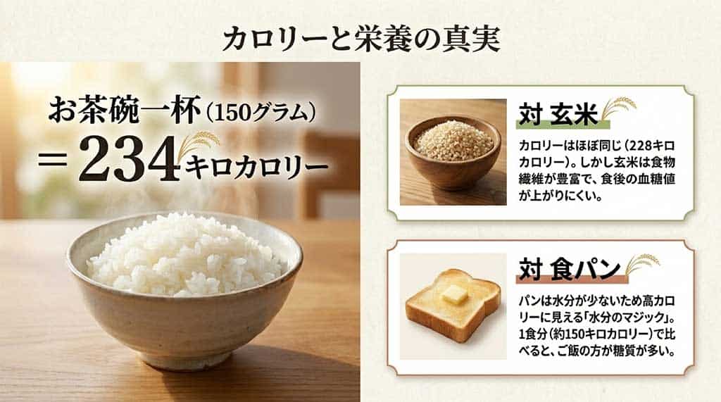 お茶碗一杯（150g）234キロカロリーを基準に、カロリーがほぼ同じでも食物繊維が豊富な玄米の優位性や、食パンとの水分量の違いによる比較を解説するスライド