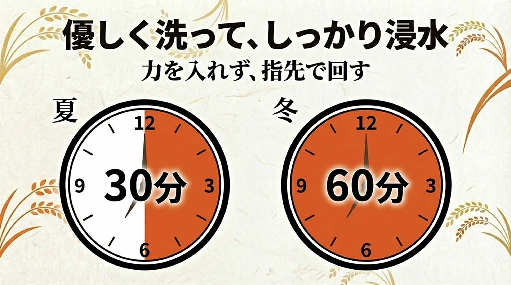 優しく指先で洗うことや、夏場30分・冬場60分の浸水時間を解説する表