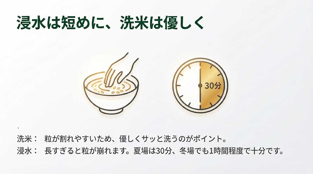 粒が割れないよう優しく洗米し、夏場30分・冬場1時間の浸水時間を推奨する時計のイラスト