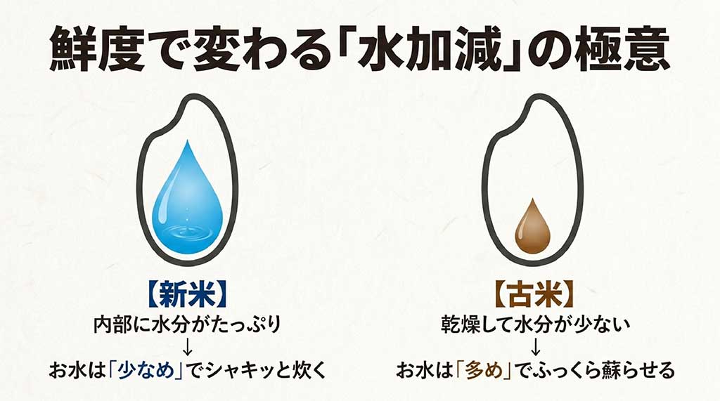 新米と古米の水加減のイラストスライド。内部に水分たっぷりの「新米」はお水を「少なめ」にしてシャキッと炊き、乾燥して水分が少ない「古米」はお水を「多め」にしてふっくら蘇らせることを説明している図解