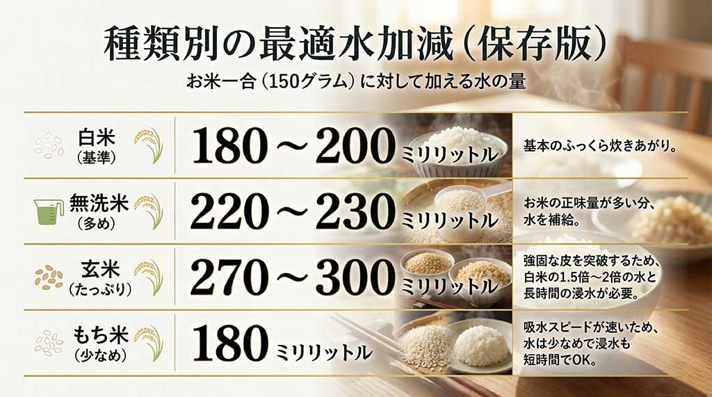 白米（180〜200ml）、無洗米（220〜230ml）、玄米（270〜300ml）、もち米（180ml）の、お米一合（150g）に対する最適な水加減と特徴をまとめたスライド