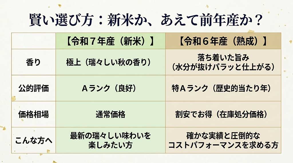 最新の瑞々しい新米と、実績がありコストパフォーマンスに優れた令和6年産の比較表