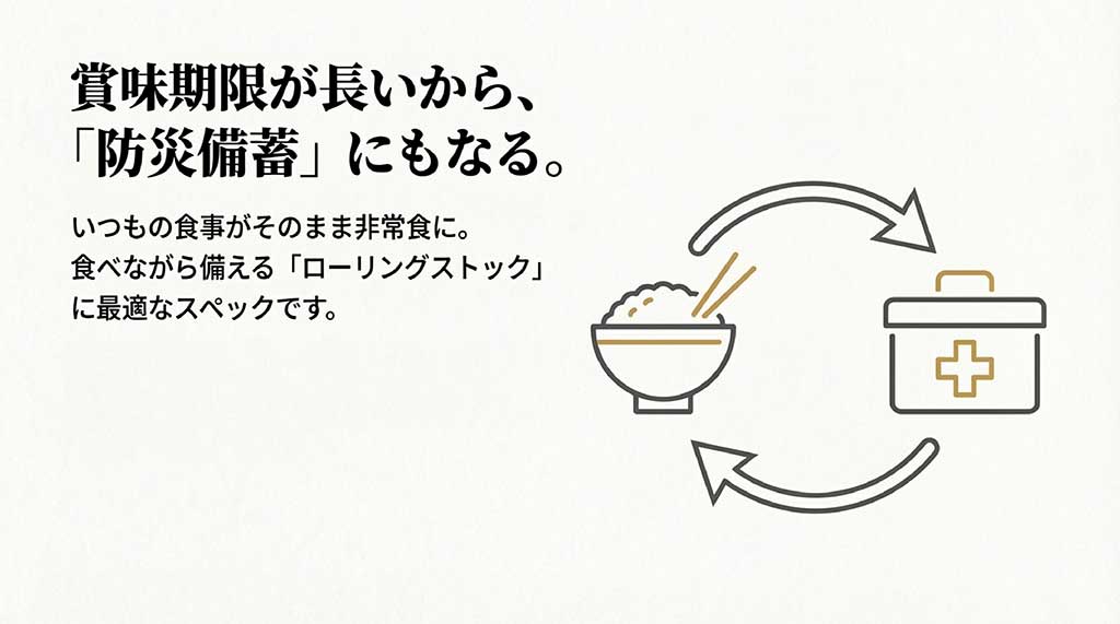 賞味期限が長いため、食べながら備えるローリングストックに最適なスペック。いつもの食事がそのまま非常食に