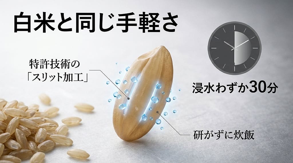 時計のイラストとともに、特許技術の「スリット加工」により、玄米なのに浸水わずか30分、研がずに炊飯できる手軽さを説明した図。