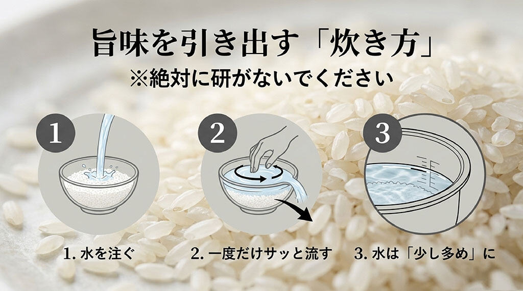 旨味を引き出す炊き方の手順。1.水を注ぐ、2.一度だけサッと流す、3.水は「少し多め」に、の3ステップをイラストで解説。