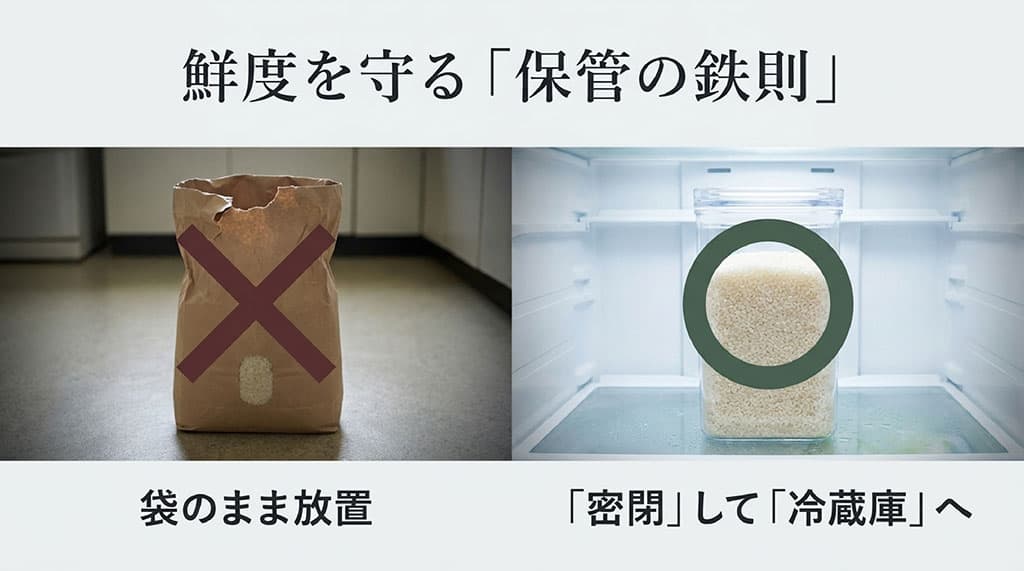 「袋のまま放置」はNG、「密閉して冷蔵庫へ」が推奨であることを示す、お米の保管の鉄則イラスト。