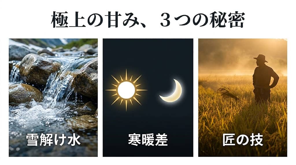 「極上の甘み、3つの秘密」として、雪解け水、寒暖差、匠の技の3つの要素が並んだ図。