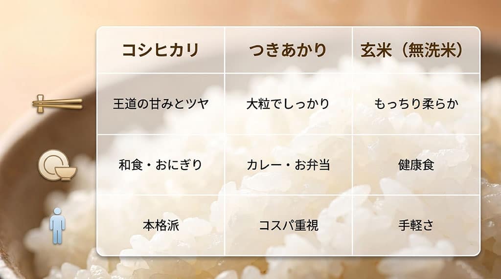 コシヒカリ、つきあかり、玄米(無洗米)の、味・ツヤ、おすすめ料理、ターゲット層をまとめた比較表。